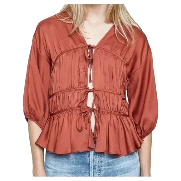 Farrow Mauve Brick Red Ruched Tie Front Boho Peasant Blouse 3/4 Sleeve Satin Top - Picture 3 of 11
